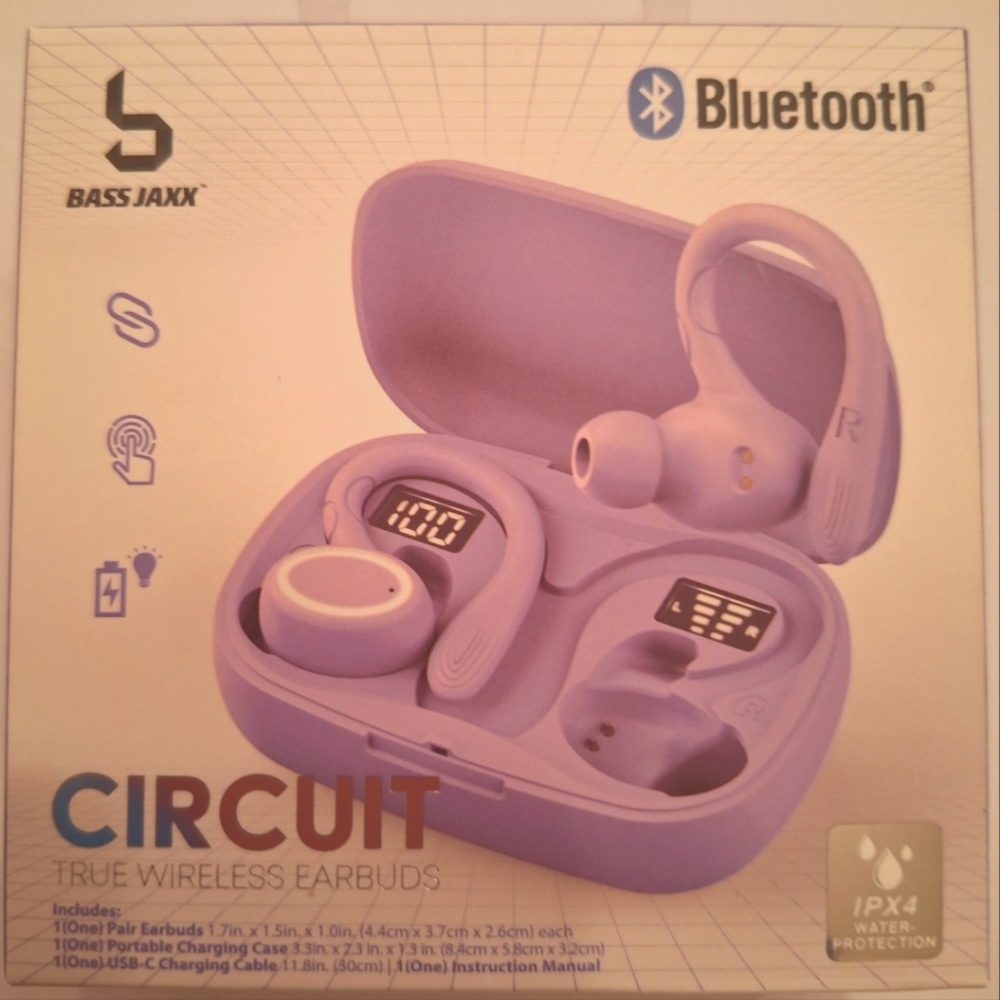 Wireless earbuds, over the ear hook, touch control. Purple.